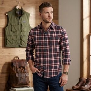 UNTUCKit Plaid Flannel Shirt Mens Large Slim Fit Red‎ Gray Cotton Button Down